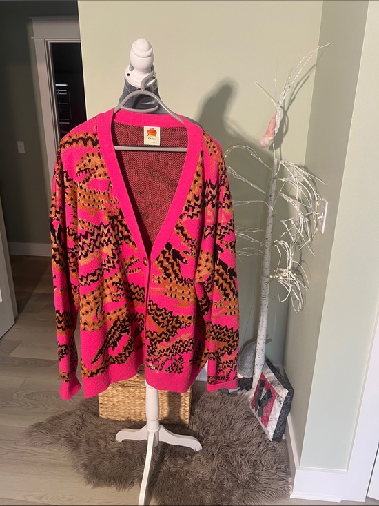 FARM Rio Sweaters - FARM Rio Hot Pink and Orange Patterned V-Neck Cardigan